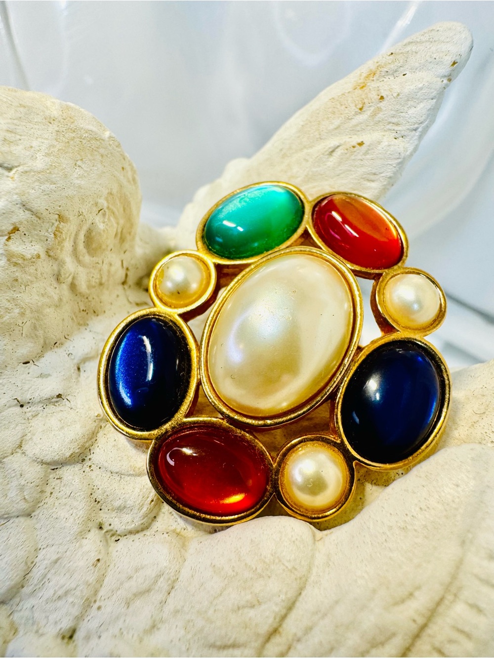 Multicolor Gold-Tone Cabochon & Pearl Statement Brooch